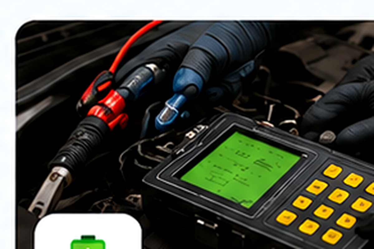 Technician testing a vehicle battery with diagnostic equipment