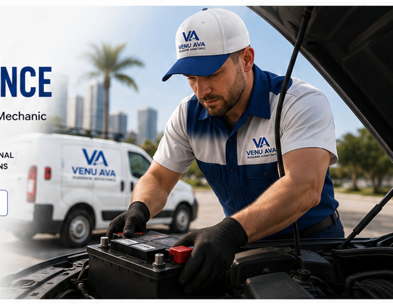 Roadside technician working on a vehicle battery